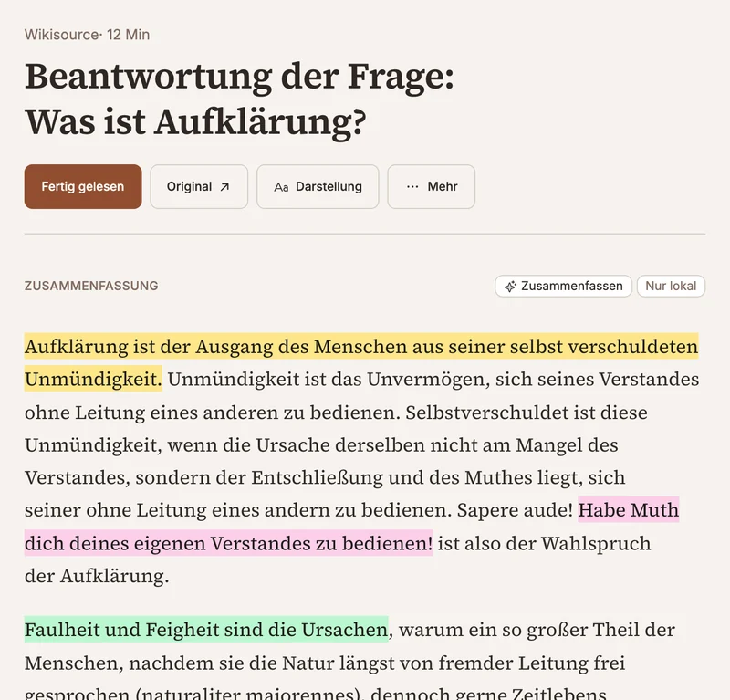 Die Leseansicht von Pageta: Kants „Beantwortung der Frage: Was ist Aufklärung?“ in grosser Serifenschrift, vier Sätze farbig markiert, darüber die Knöpfe „Fertig gelesen“, „Original“ und „Darstellung“.