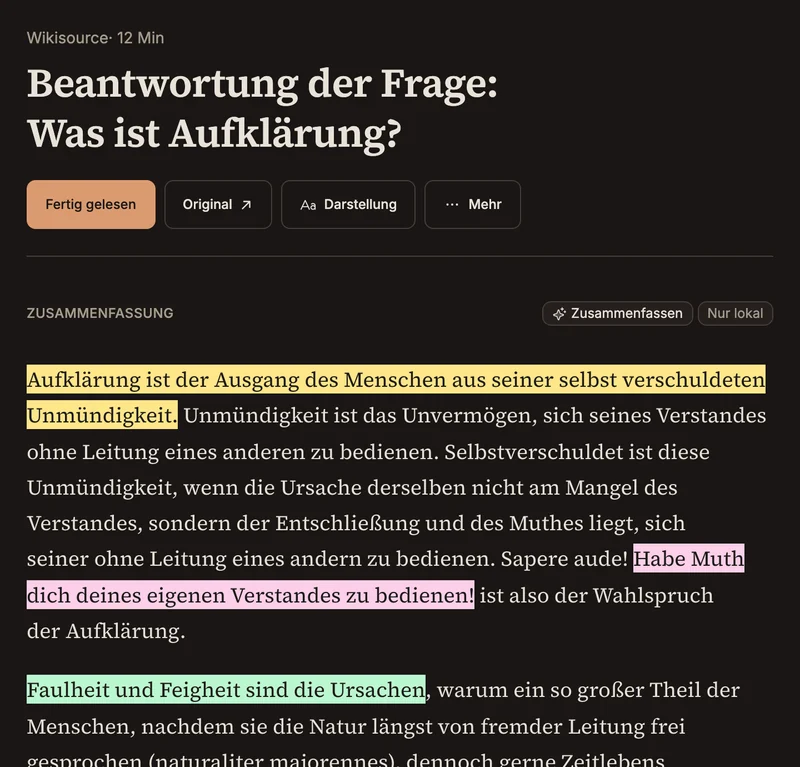 Die Leseansicht von Pageta: Kants „Beantwortung der Frage: Was ist Aufklärung?“ in grosser Serifenschrift, vier Sätze farbig markiert, darüber die Knöpfe „Fertig gelesen“, „Original“ und „Darstellung“.