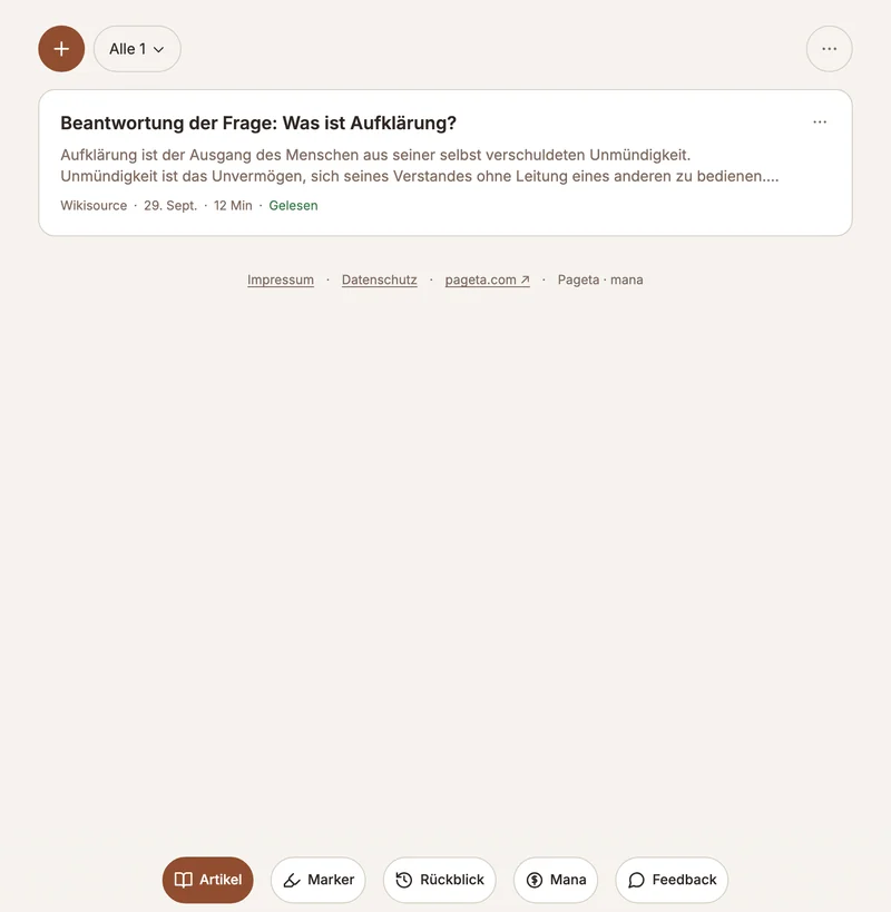 Die Lese-Liste von Pageta mit vier gespeicherten Texten — Kant und Kleist —, je mit Anriss, Quelle und Lesezeit, unten die Leiste „Artikel, Marker, Rückblick“.