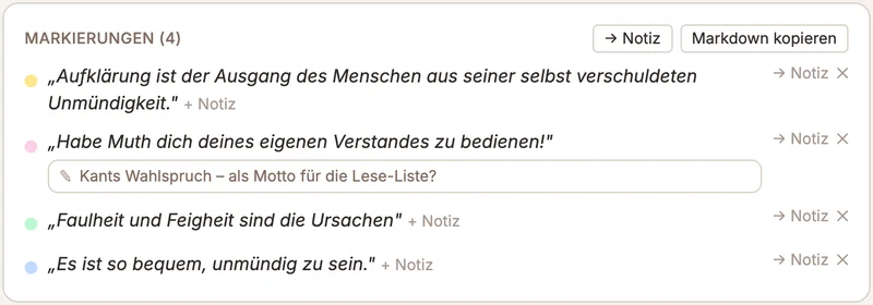 Die Markierungen zum Artikel: vier angestrichene Sätze in Gelb, Rosa, Grün und Blau, an einem davon eine Notiz.