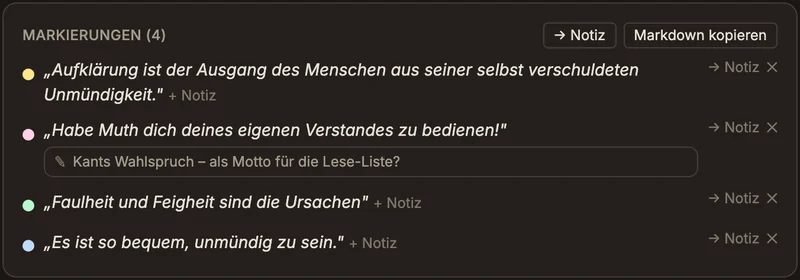 Die Markierungen zum Artikel: vier angestrichene Sätze in Gelb, Rosa, Grün und Blau, an einem davon eine Notiz.