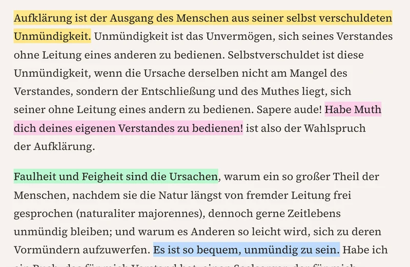 Ausschnitt aus Kants Text in der Leseansicht: ein Satz gelb, einer rosa, einer grün, einer blau hinterlegt.
