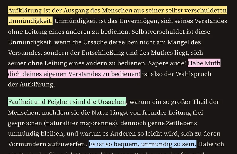Ausschnitt aus Kants Text in der Leseansicht: ein Satz gelb, einer rosa, einer grün, einer blau hinterlegt.